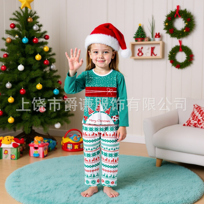 亚马逊速卖通家庭亲子套装圣诞节日印花可爱圆领长袖家居服睡衣|undefined