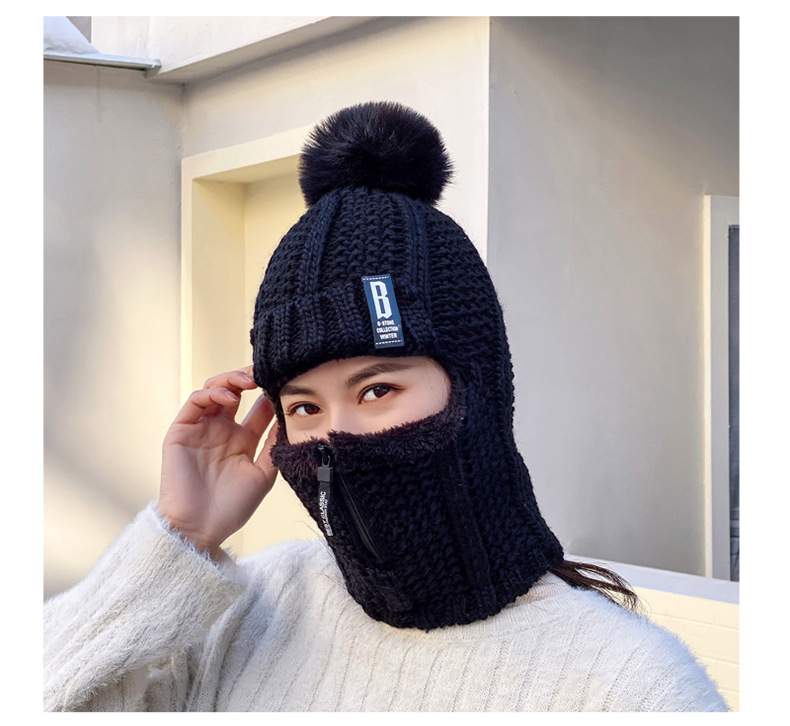 New Winter Knitted Korean Edition Plush Pullover Ear Protection Women's Cycling Woolen Zipper Neck Warm Hat_voghion.com