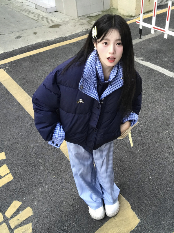 2025冬季新款设计感双层领假两件棉服女百搭拼接学生宽松保暖外套|undefined