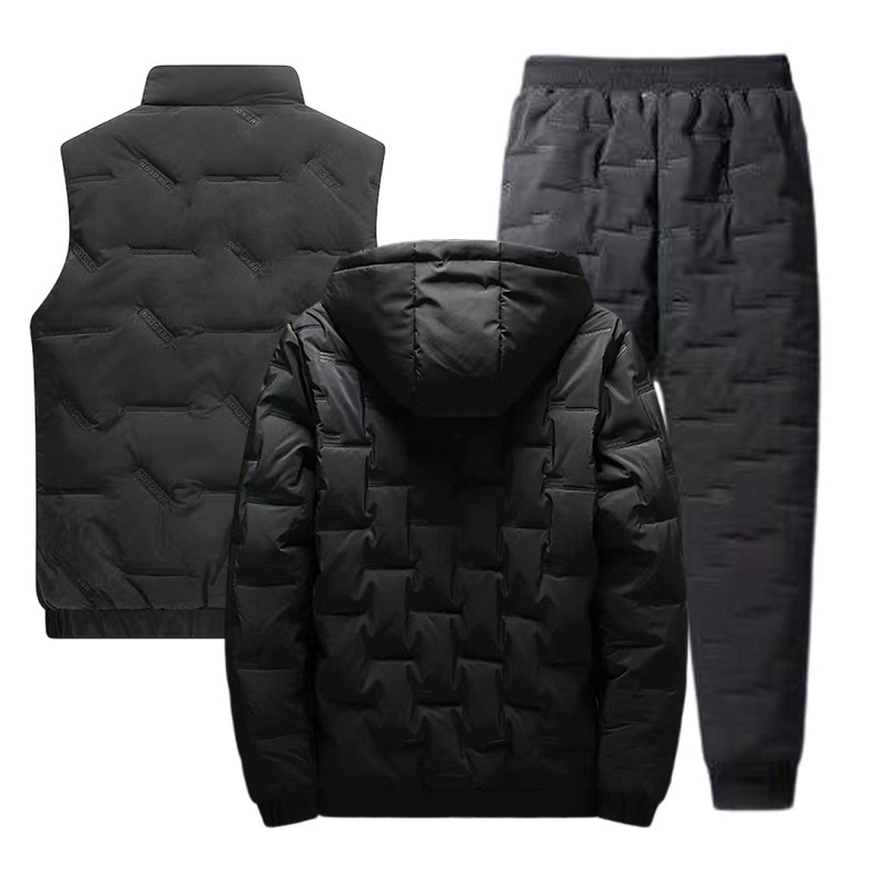 Cross-border invierno nueva ropa de algodón acolchado de tres piezas de los hombres engrosada con capucha de color sólido ropa de algodón acolchado pantalones de algodón conjunto completo juego de traje casual