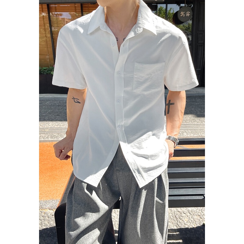 Pure White Straight Shoulder Lapel Thin Short-Sleeve Shirt for Men, Summer Trendy Korean Style, High-End Casual Shirt with a Cool and Stylish Look
