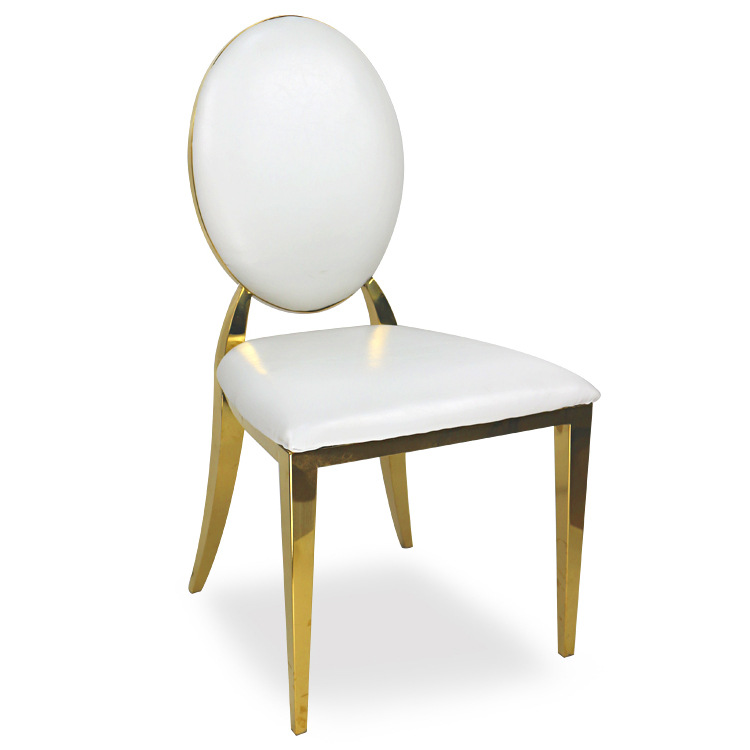 Fábrica al por mayor Hotel banquete boda comedor silla boda galvanoplastia Silla de acero inoxidable Bolsa De Oro suave Silla de comedor de cuero