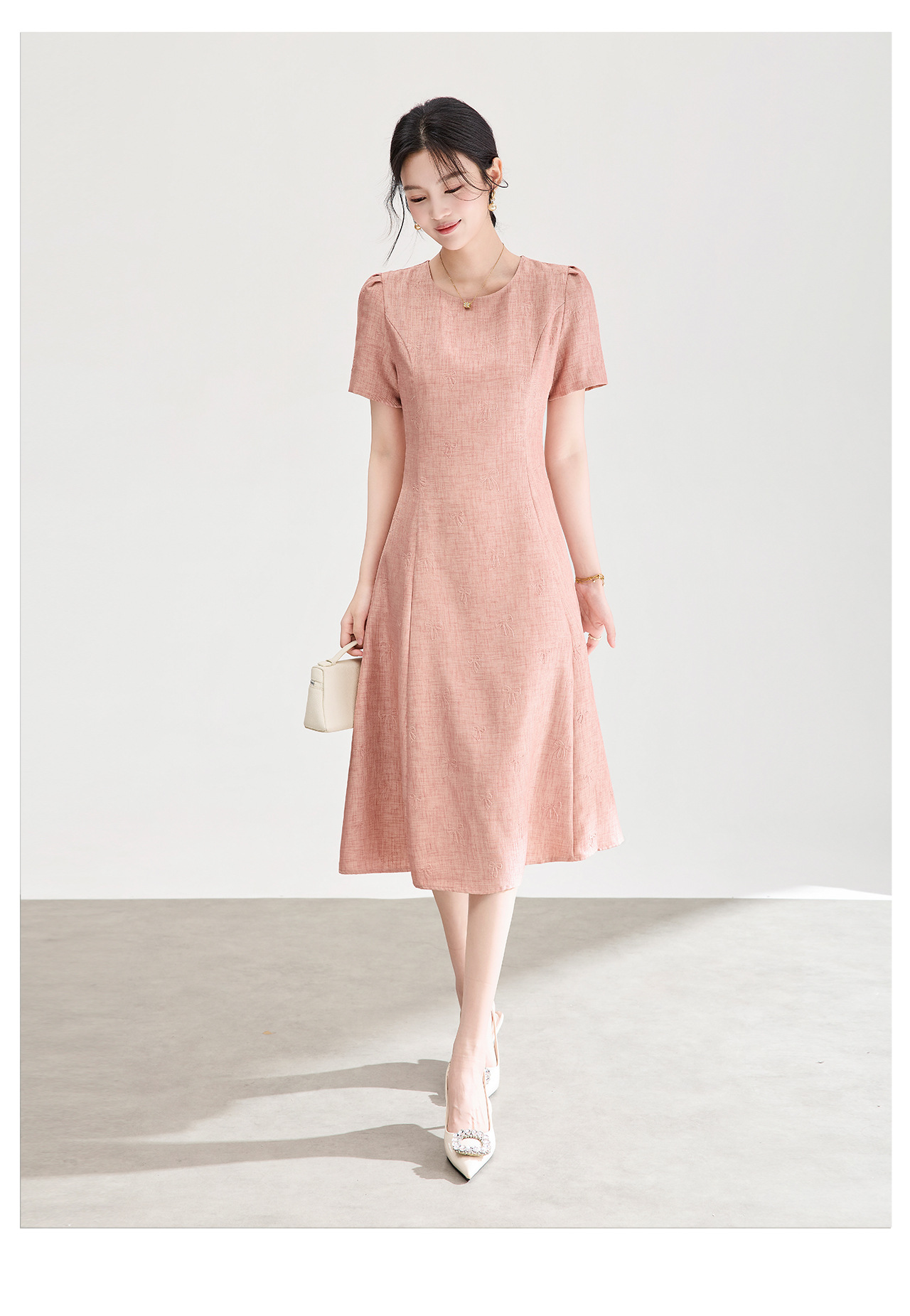Đầm chữ A nữ cao eo họa tiết jacquard nơ — màu hồng chi tiết 10