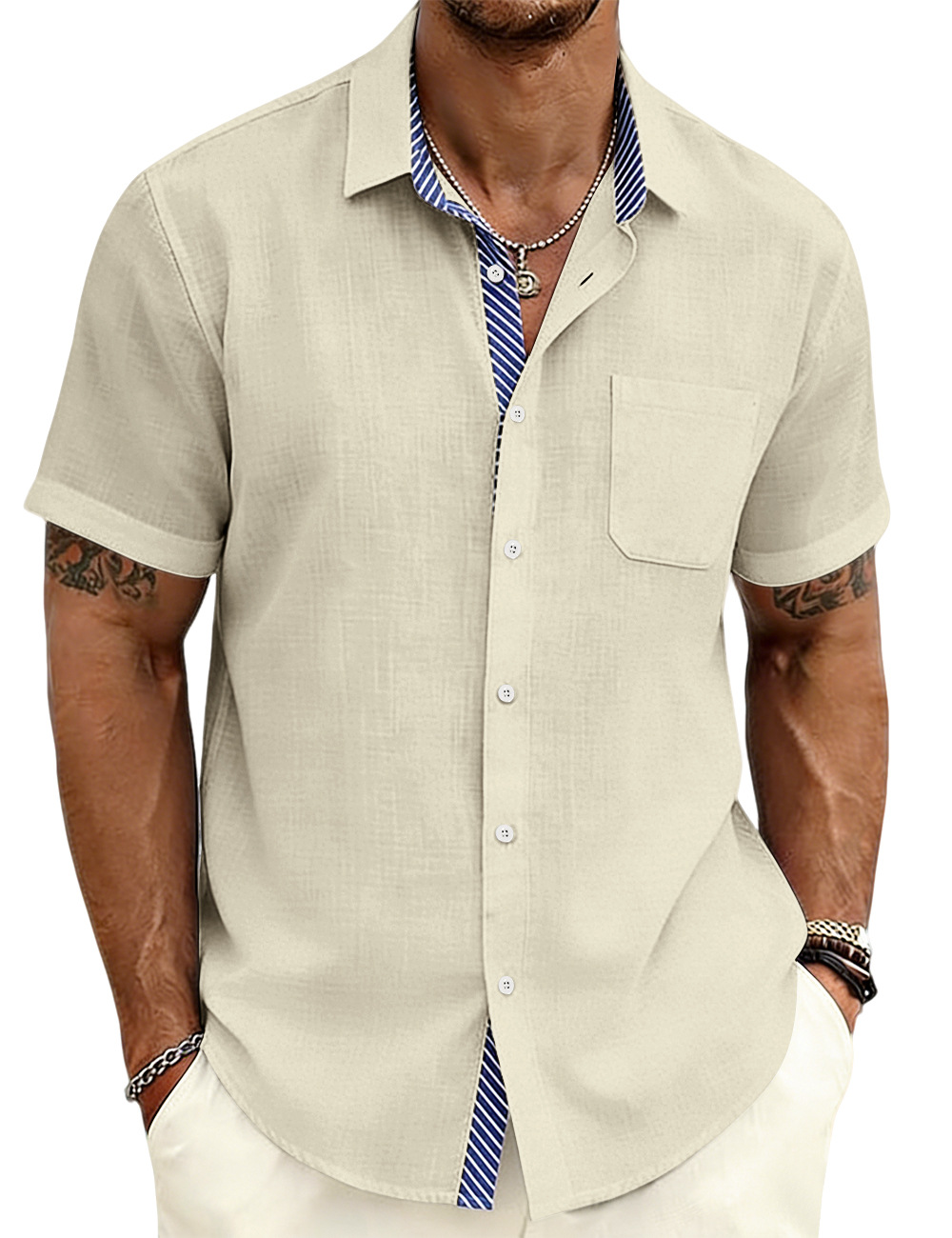 Verano europeo y americano nuevo hombre revestimiento a rayas de manga corta camisa de comercio exterior exterior casual europea americana