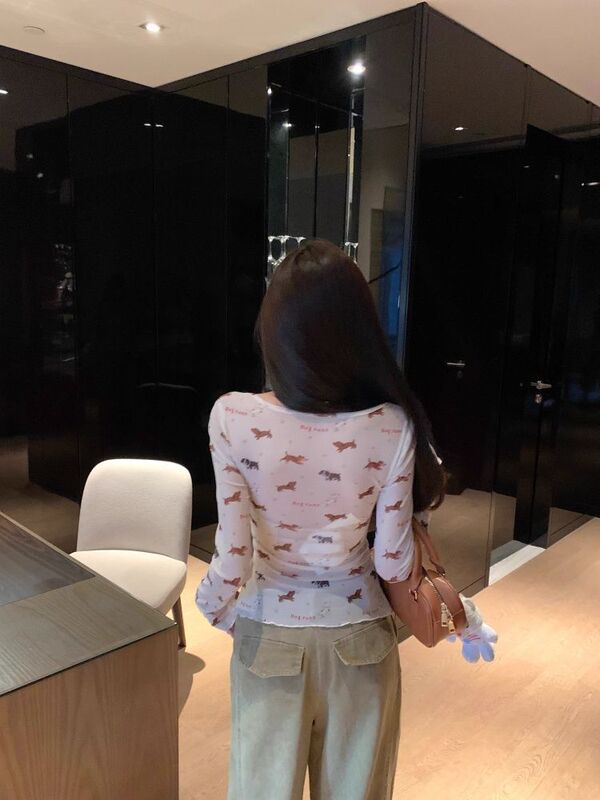 【网纱面料】早秋设计感修身显瘦独特美式辣妹小狗印花长袖T恤女|undefined