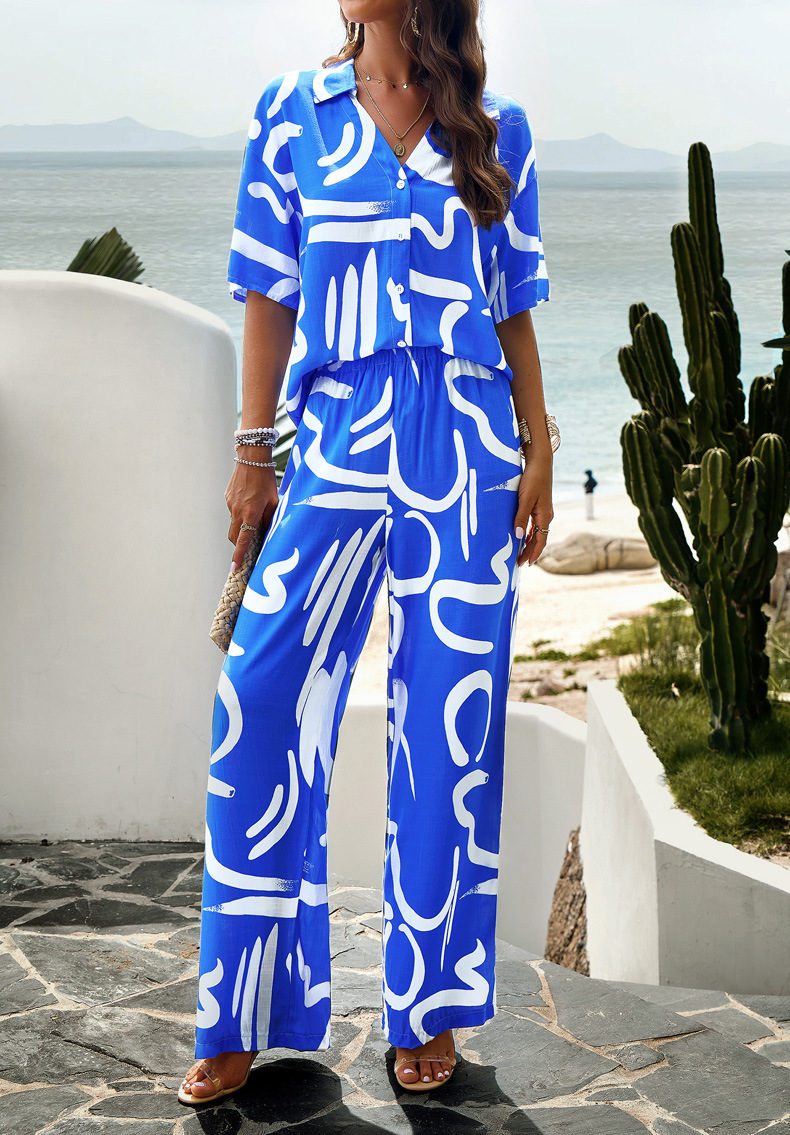 315g Weight Half Sleeve Sleeve Length Spandex Fabric Type Pant Co-ord Set Sets Type 2 Pieces Set Quantity Daily, Beach Occasion Turndown Neckline Slim Fit Type Printing, Geometric Pattern Summer Season Women's Gender Vacation Style Daily Beach Women's Vacation Printing Geometric Spandex Pant Co-ord Set Pants Sets 7