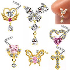 Gabi Cross European and American Crossed Butterfly Heart Nasal Stud Nasal Jewelry Nasal Ring Piercing Jewelry 0.8mm Thin Needle Nasal Stud