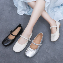 真皮银色一字带玛丽珍鞋女2025春秋款休闲软底平底单鞋浅口小皮鞋
