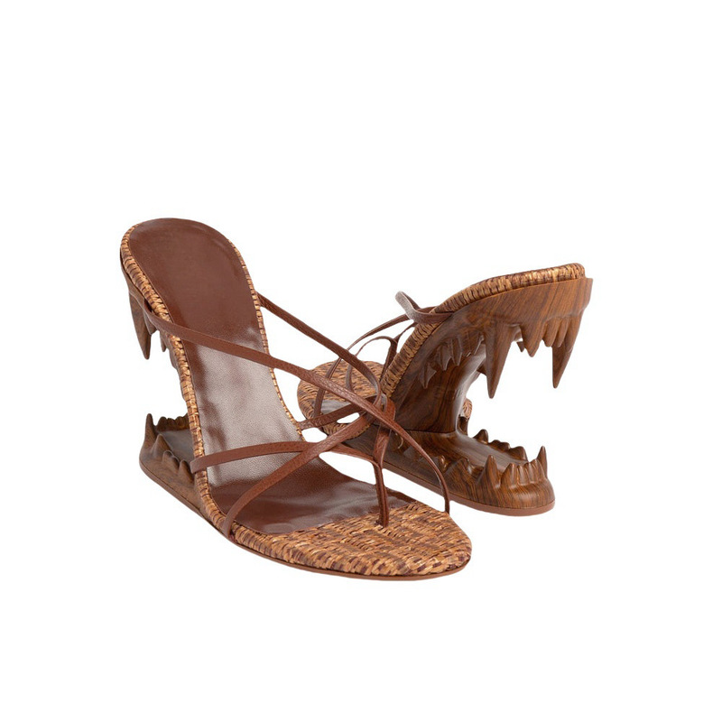 Cross-border round toe hollow tiger tooth heel wedge slippers new woven thin belt combination ultra-high heel flip-flops