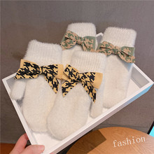 韩国版甜美蝴蝶结双层飘带户外骑行针织毛线手套包指简约女秋冬
