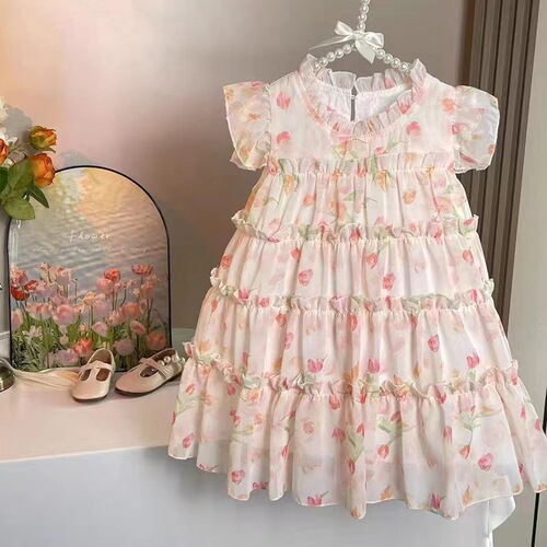 Floral Cake Dress for Girls 2024 New Baby Trendy Fashion Pink Princess Dress Cute and Ethereal Girls' Outfit
