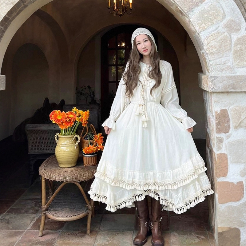 French Retro V Neck Lace-Up Heavy-Duty Tassel Long-Sleeved Dress Spring New Holiday Fairy Dress Long Skirt