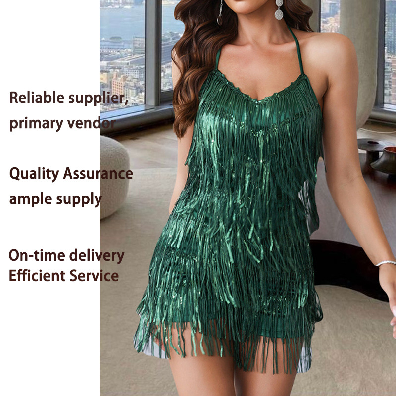 Vestido de tirantes finos de verano estilo europeo y americano para mujer, vestido sin espalda con borlas, estilo playero para vacaciones, moda para chicas.