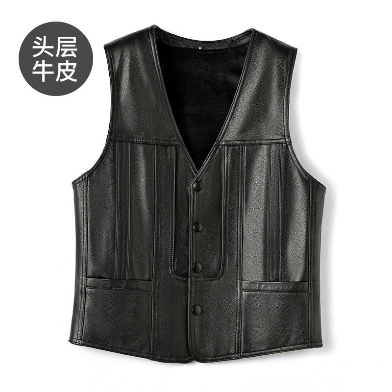 Genuine Leather Men's Vest 2026 Autumn and Winter New Style First-Layer Cowhide Business Casual Vest with Fleece Short Jacket