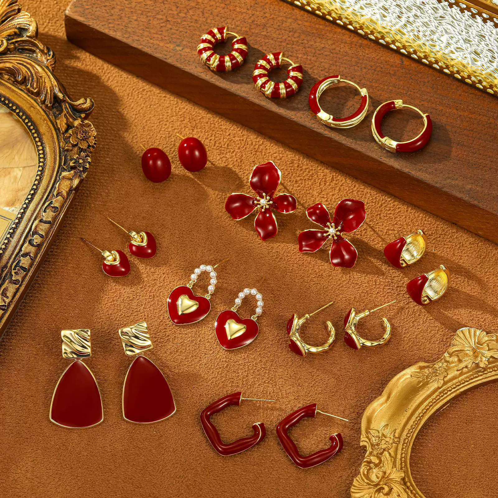 网红爆款安可拉红色滴油耳环法式复古轻奢铜镀真金耳扣百搭高级感