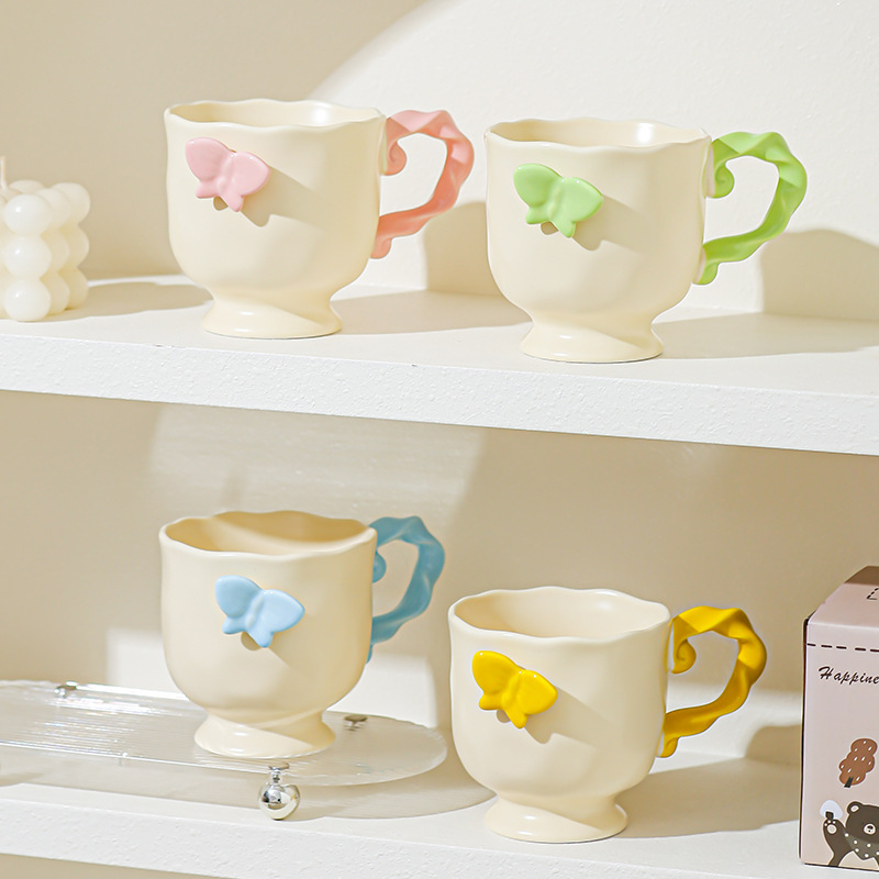 Inswind Dream Butterfly Taza de café de pies altos para niñas de oficina desayuno taza de leche regalo de cumpleaños