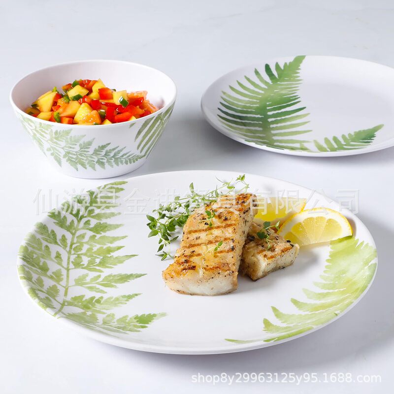 Factory Hot-Selling Imitation Porcelain A5 Melamine 12-Piece Plate and Bowl Set, Outdoor Tableware, Resistant to Falling and Not Fragile, Can Be Exported