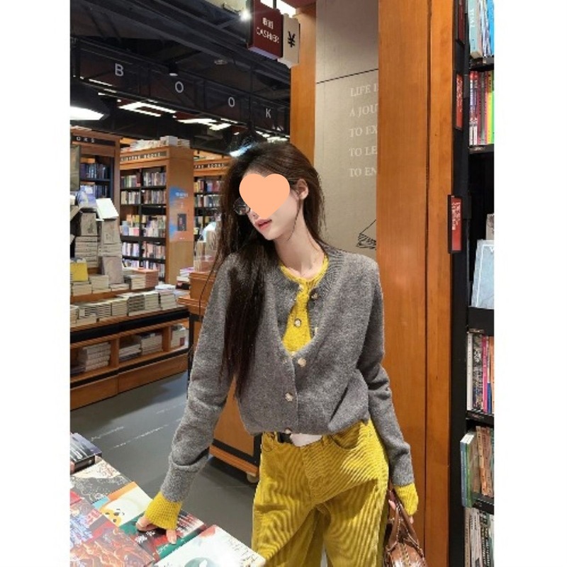 设计感撞色假两件毛衣开衫外套女秋季黄色小众短款长袖针织衫上衣|undefined