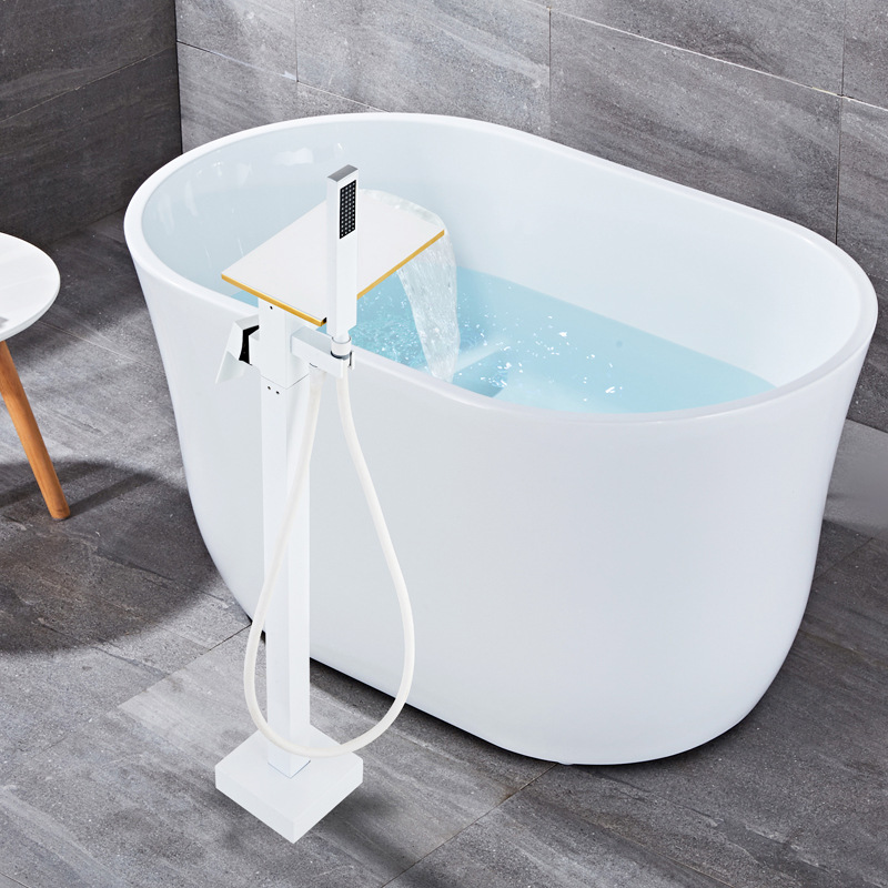Square black and white gold edge floor-standing waterfall, rotating floor-standing bathtub, faucet, shower head, single handle, upright undefined