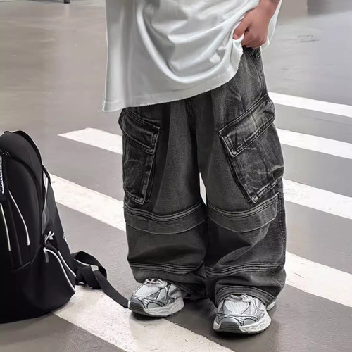 Tairu 2024 spring new Korean style boys' versatile workwear washed loose denim trousers children's trendy pants