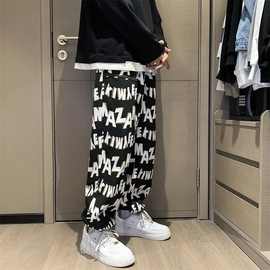 炸街男潮牌春夏季字母宽松大码ins美式满印直筒休闲裤嘻哈裤子潮