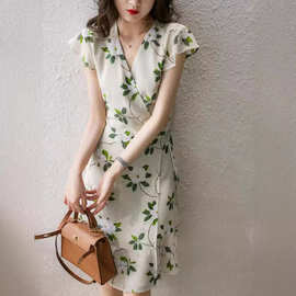 仿若冷香自来 优雅栀子花 印花飘逸仿桑蚕丝连衣裙茶歇裙欧货外贸