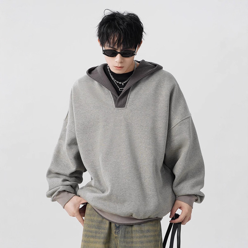 cleanfit Wool Stitching Hooded Sweater Men's Autumn and Winter New Niche Lazy Style V-Neck Casual Hoodie Jacket