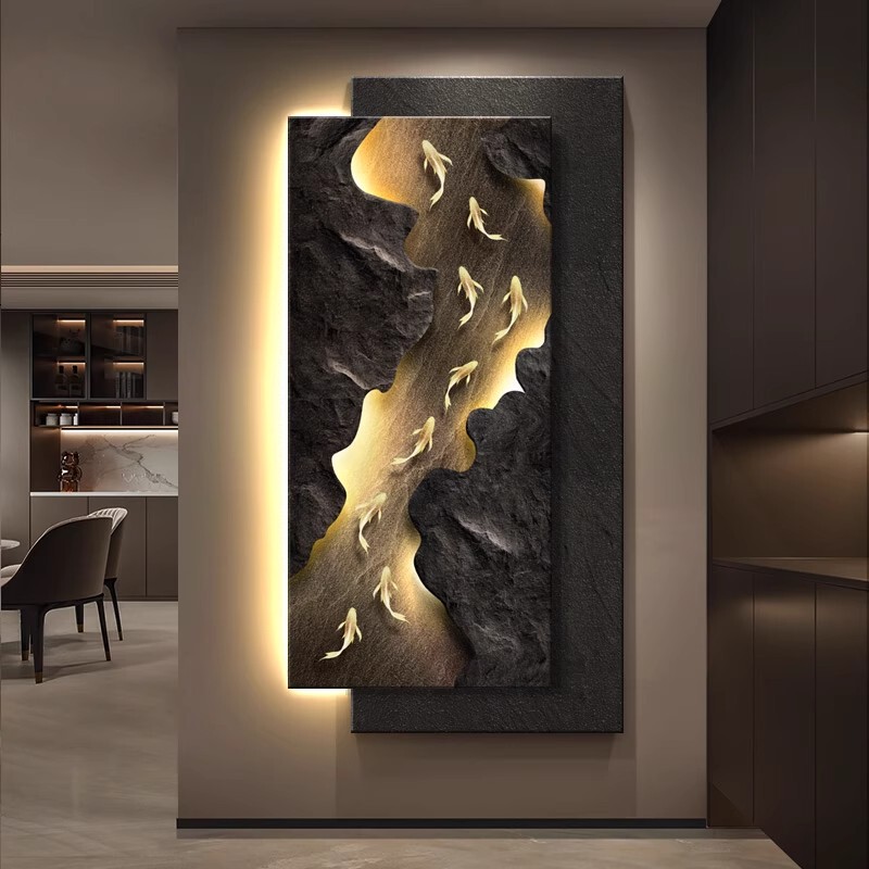 Modern Light Luxury Entrance Decorative Painting, Three-Dimensional Sandstone Nine-Fish Painting with Good Meaning, High-End Wall Art for Entryway Facing the Door