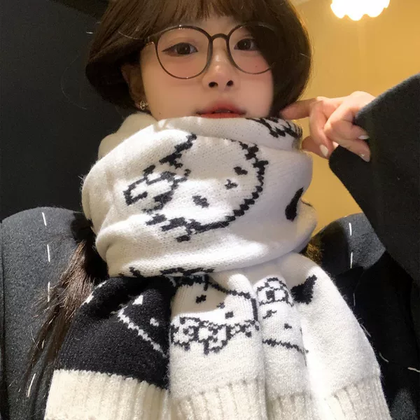 Cute Kitty Cat Double-Sided Knitted Scarf for Women Winter Korean Atmosphere Thickeneded Warm Scarf Student Wholesale
