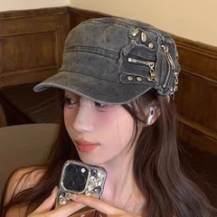 美式街头辣妹风铆钉拉链平顶帽女小众重工y2k复古潮酷鸭舌帽子