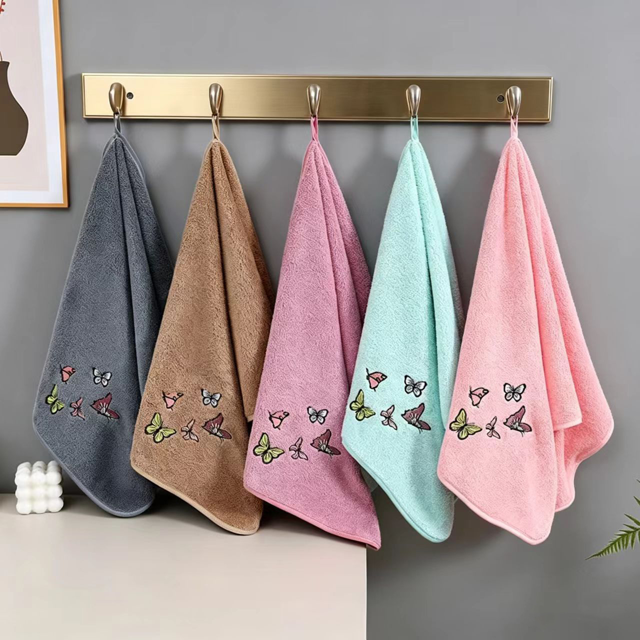 Green Embroidered Olive Tree Towel, Absorbent, Quick-Drying, Soft, Embroidered Butterfly Coffee Face Towel, Household Towel Wholesale