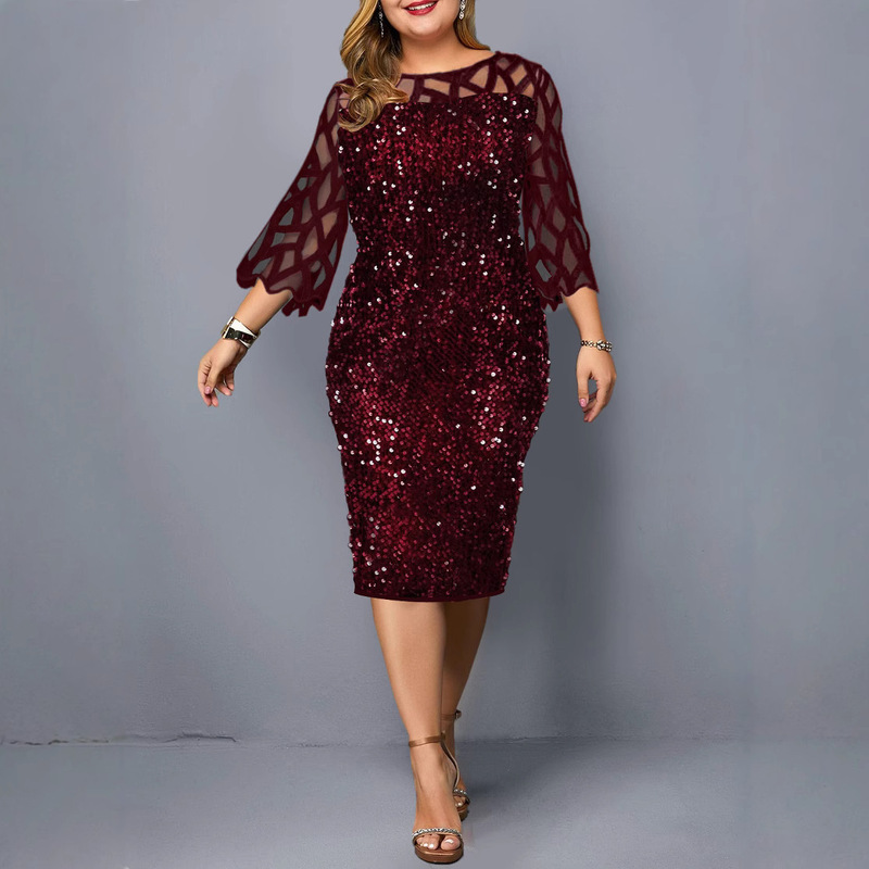 Europe and the United States large size Amazon wish AliExpress eBay stitching mesh shiny slim party dress spot Europe and the United States large size Amazon wish AliExpress eBay stitching mesh shiny slim party dress spot