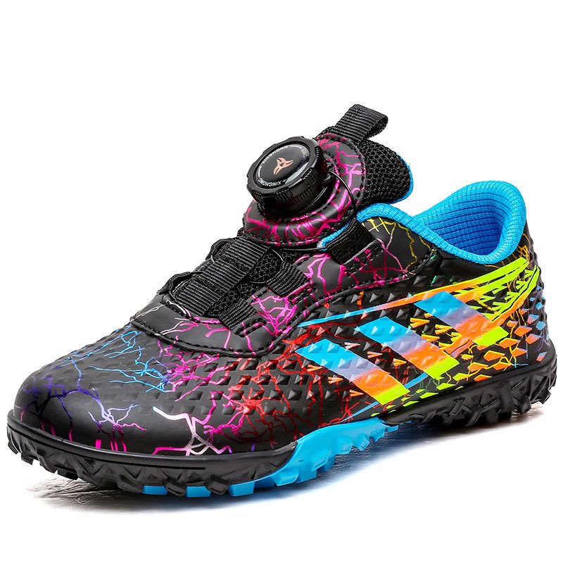 Nuevo botón giratorio sin lazos zapatos de fútbol niños y niñas TF clavos rotos zapatos de fútbol zapatos de entrenamiento