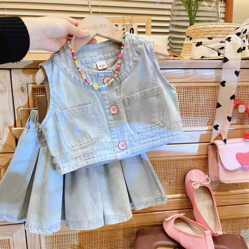 Unisex Washable Denim Set with Sleeveless Top and Pleated Skirt - 2025 Summer Trendy Sweet Style Two-Piece Set