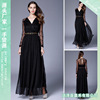 Long elegant black lace shiffon evening dress, suitable for import, V-neckline, long sleeve