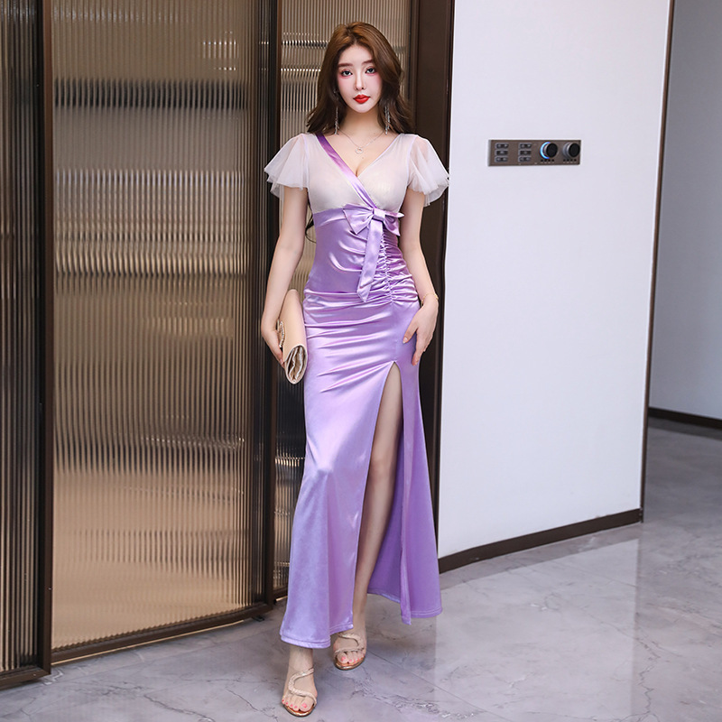 High-End Purple Satin Evening Gown with Color-Blocking, Bow Detailing, Slit, Slim Fit, Bodycon Long Dress, Sexy Dress High-End Purple Satin Evening Gown with Color-Blocking, Bow Detailing, Slit, Slim Fit, Bodycon Long Dress, Sexy Dress