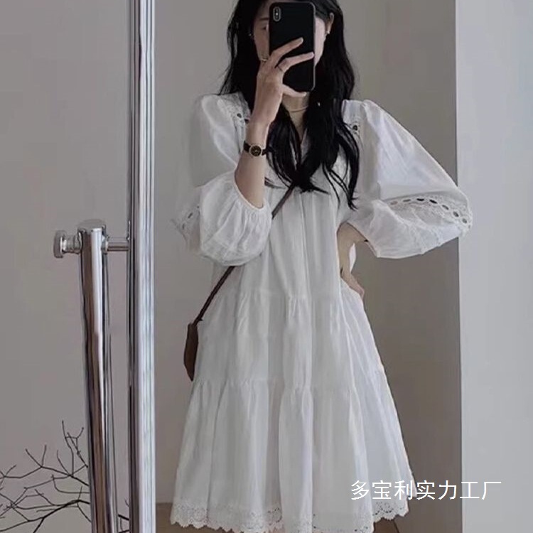 Early Spring French-Style White Puff-Sleeve Shirt Dress for Women, New Spring Model, Long-Sleeve Student Outfit, Mid-Length Dress