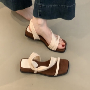 Thick-Soled Wedge-Heeled Square-Toe Slippers for Women to Wear with Skirts, Retro-Style Two-Wear Sandals