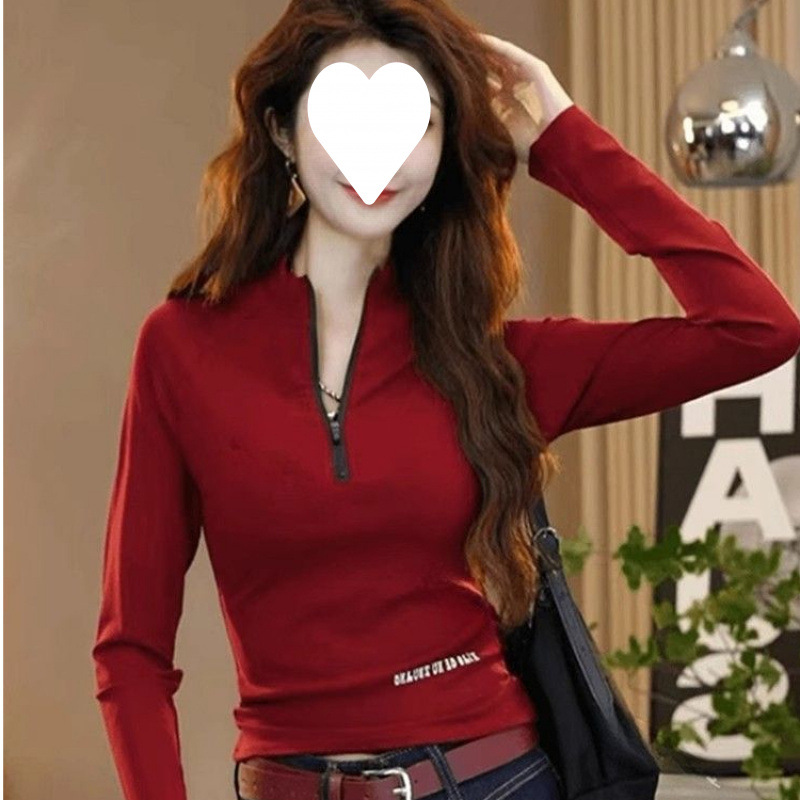 지퍼 하프 터틀넥 레터 프린트 바닥 셔츠 2025 가을 겨울 새로운 패션 슬림 스트레치 탑
