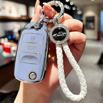 Car key bag Dt Key Cover - changan-folding-gray-blue-single-shell-white-round-diamond-braided-rope