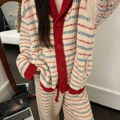 日系复古设计感半边绒条纹长袖睡衣女秋冬新款大码加厚家居服套装