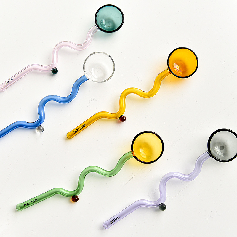 Cuchara de vidrio resistente al calor color cabeza redonda cuchara de vidrio redondo café leche revolviendo cuchara de postre cuchara de vidrio