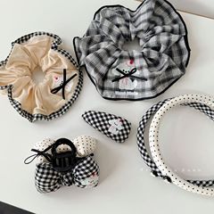 韓国のかわいい子犬チェック柄水玉模様のスクエアスカーフ、甘いガーリーなリボン、綿入りのクリップヘッドバンド