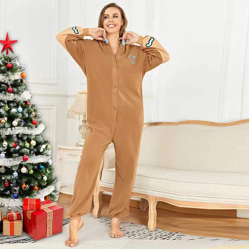 European and American Clothing Autumn and Winter New Polar Fleece Jumpsuit Hooded Christmas Sweatshirt Gingerbread Man Party Fleece Sweater Single Piece