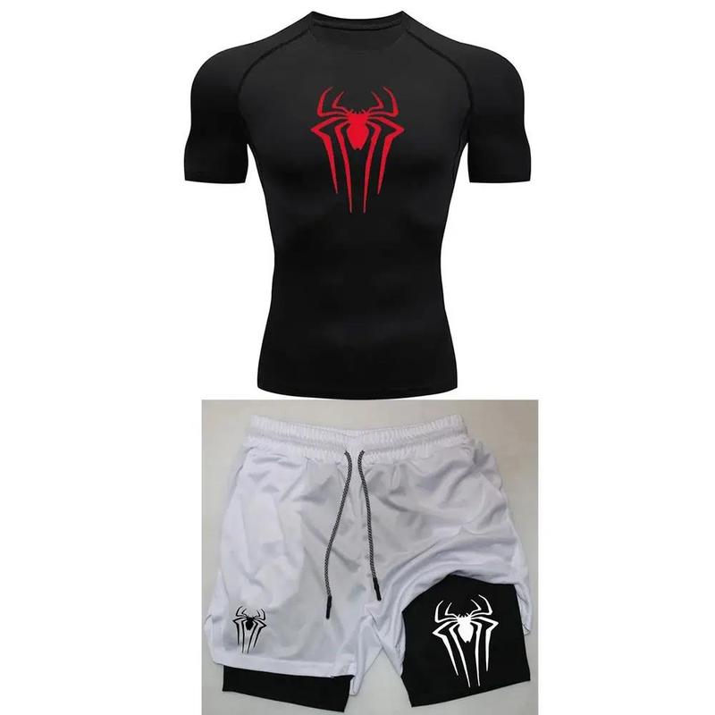 男子のトレーニング圧縮集Y2Kスパイダープリントジムtシャツ通気ランニングパンツ速乾運動皮|undefined