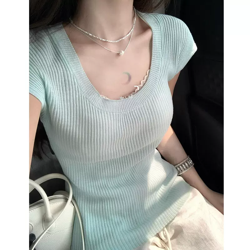 温柔绿色减龄U领针织衫女春夏外穿甜辣羊毛混纺短袖t恤掐腰上衣