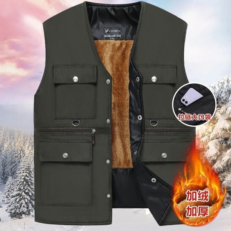 Warm Maple Autumn and Winter Men's Warm Fleece-Lined Waterproof Fisherman's Vest for Middle-Aged and Elderly, Classic Style with Multi-Pocket Design, Comfortable