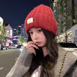 日系贴标针织帽美拉德红色纯色毛线帽女休闲百搭街头卷边毛线帽子