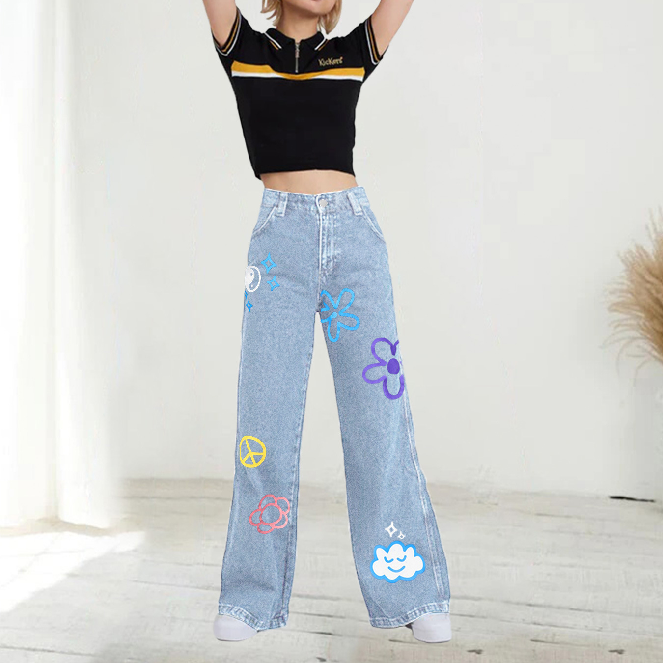 print graffiti loose straight high waist jeans NSGYY139637