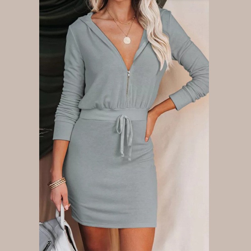 Women's Trendy Solid Color Dress Zip Front Long Sleeve Hoodie Style Waist‑Cinched Casual Daily Wear_ecoleips.com